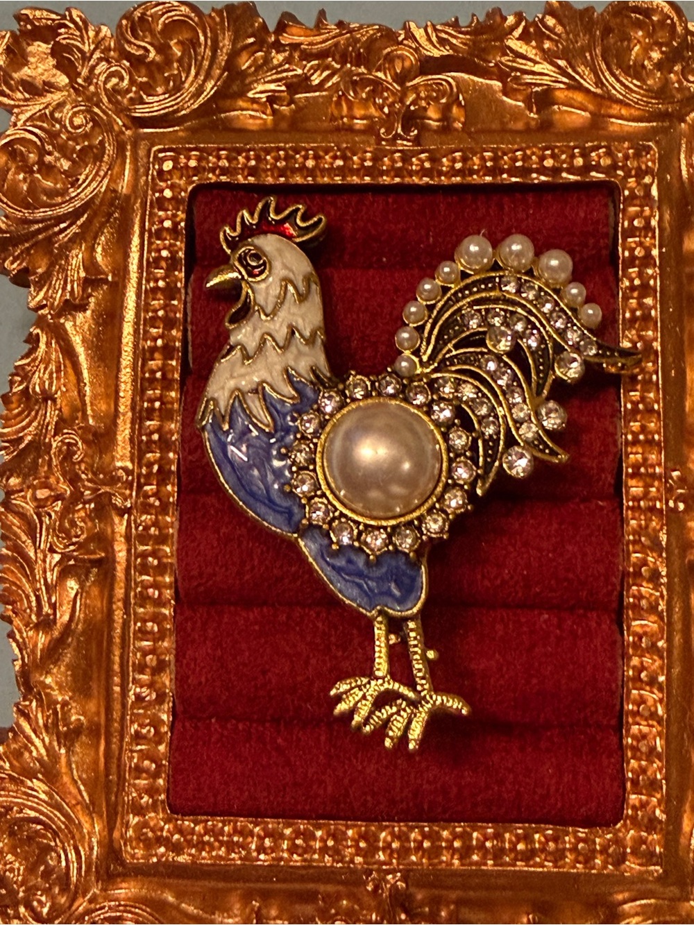 Rooster Bird Brooch Pin - Blue and Gold Farm Animal Gold Tone Pearl
